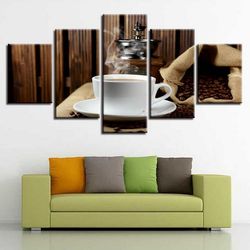 steaming hot coffee and coffee beans nature 5 pieces canvas wall art, large framed 5 panel canvas wall art