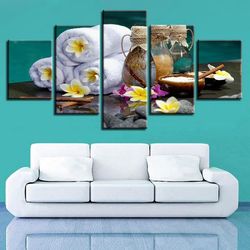 stone towel bottle and frangipani nature 5 pieces canvas wall art, large framed 5 panel canvas wall art