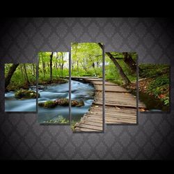stream wood bridge forest nature 5 pieces canvas wall art, large framed 5 panel canvas wall art
