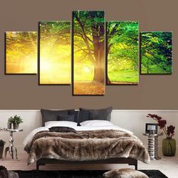 sunlight trees nature 5 pieces canvas wall art, large framed 5 panel canvas wall art