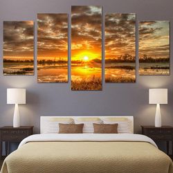 sunrise morning landscape 5 pieces canvas wall art, large framed 5 panel canvas wall art