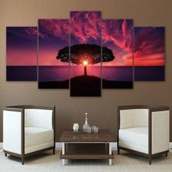 sunrise tree sea tree sun nature 5 pieces canvas wall art, large framed 5 panel canvas wall art
