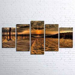 sunset beach landscape 5 pieces canvas wall art, large framed 5 panel canvas wall art