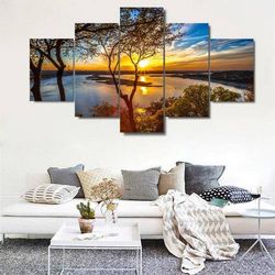 sunset in the river large nature 5 pieces canvas wall art, large framed 5 panel canvas wall art