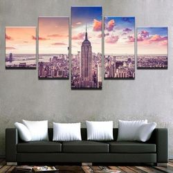 sunset new york city cityscape nature 5 pieces canvas wall art, large framed 5 panel canvas wall art
