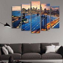 sunset over manhattan new york city nature 5 pieces canvas wall art, large framed 5 panel canvas wall art