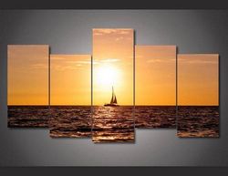 sunset sailing large nature 5 pieces canvas wall art, large framed 5 panel canvas wall art