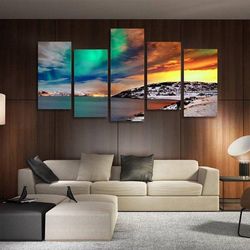 sunset snow large nature 5 pieces canvas wall art, large framed 5 panel canvas wall art