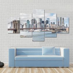 skyline of manhattan and brooklyn bridge new york nature 5 pieces canvas wall art, large framed 5 panel canvas wall art