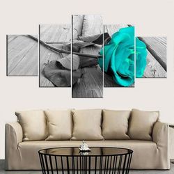 teal rose on wood deck nature 5 pieces canvas wall art, large framed 5 panel canvas wall art