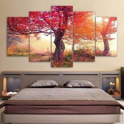 tree autumn season trees red leaves beautiful nature 5 pieces canvas wall art, large framed 5 panel canvas wall art