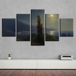 tree beach mountain moon nature 5 pieces canvas wall art, large framed 5 panel canvas wall art