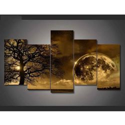 tree moon landscape nature 5 pieces canvas wall art, large framed 5 panel canvas wall art