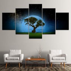 tree moon night view nature 5 pieces canvas wall art, large framed 5 panel canvas wall art