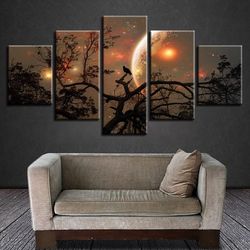 trees bird moon night nature 5 pieces canvas wall art, large framed 5 panel canvas wall art