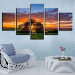 trees sunset nature 5 pieces canvas wall art, large framed 5 panel canvas wall art