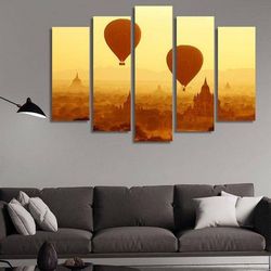 two air balloons over buddhist temples at sunrise nature 5 pieces canvas wall art, large framed 5 panel canvas wall art