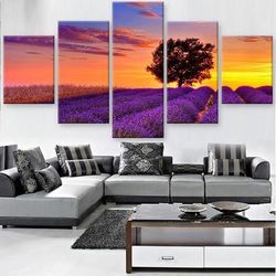 violet sunset nature 5 pieces canvas wall art, large framed 5 panel canvas wall art