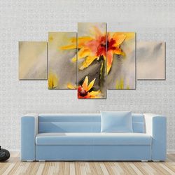 watercolor painting of the beautiful flowers abstract nature 5 pieces canvas wall art, large framed 5 panel canvas wall