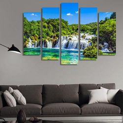 waterfall 03 nature 5 pieces canvas wall art, large framed 5 panel canvas wall art
