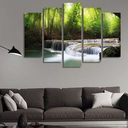 waterfall 04 nature 5 pieces canvas wall art, large framed 5 panel canvas wall art