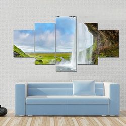 waterfall above the cave nature 5 pieces canvas wall art, large framed 5 panel canvas wall art