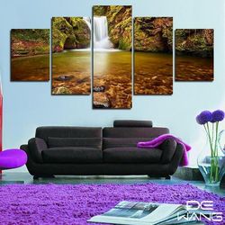 waterfall and autumn leaves nature 5 pieces canvas wall art, large framed 5 panel canvas wall art