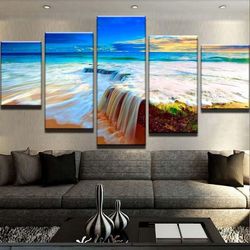 waterfall beach nature 5 pieces canvas wall art, large framed 5 panel canvas wall art