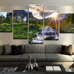waterfall sunset nature 5 pieces canvas wall art, large framed 5 panel canvas wall art