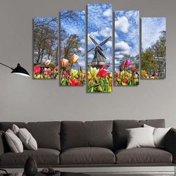 wind turbines and flowers nature 5 pieces canvas wall art, large framed 5 panel canvas wall art