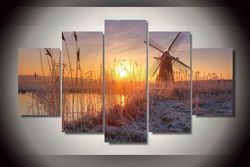 windmill at sunset nature 5 pieces canvas wall art, large framed 5 panel canvas wall art