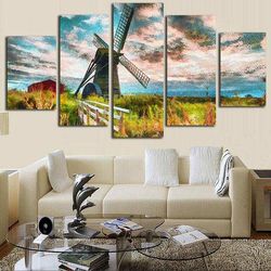 windmill farm island landscape scene nature 5 pieces canvas wall art, large framed 5 panel canvas wall art