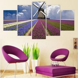 windmill lavender field nature 5 pieces canvas wall art, large framed 5 panel canvas wall art