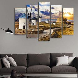 windmills of don quixote de la mancha at sunset nature 5 pieces canvas wall art, large framed 5 panel canvas wall art