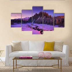 winter night landscape nature 5 pieces canvas wall art, large framed 5 panel canvas wall art