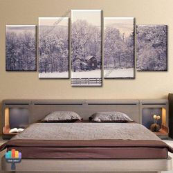 winter trees snow pale woods nature 5 pieces canvas wall art, large framed 5 panel canvas wall art