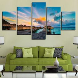 wood house nature 5 pieces canvas wall art, large framed 5 panel canvas wall art