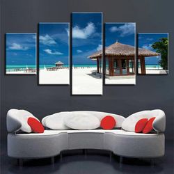 wood pavilion and beach blue sky white cloud nature 5 pieces canvas wall art, large framed 5 panel canvas wall art