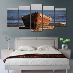 wooden boat nature 5 pieces canvas wall art, large framed 5 panel canvas wall art