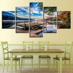 wooden bridge beside the lake nature 5 pieces canvas wall art, large framed 5 panel canvas wall art