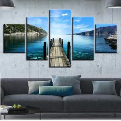 wooden bridge lake nature 5 pieces canvas wall art, large framed 5 panel canvas wall art