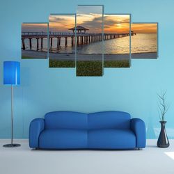 wooden bridge laying to the sea at sunset nature 5 pieces canvas wall art, large framed 5 panel canvas wall art