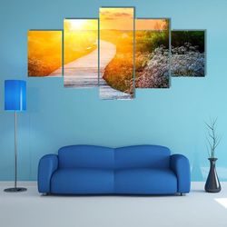 wooden path over dunes at beach nature 5 pieces canvas wall art, large framed 5 panel canvas wall art