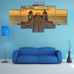 wooden path walking way leading to seacoast skyline nature 5 pieces canvas wall art, large framed 5 panel canvas wall ar