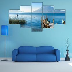 wooden pier at lake atitlan nature 5 pieces canvas wall art, large framed 5 panel canvas wall art