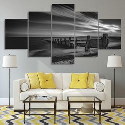 wooden pier coast nature 5 pieces canvas wall art, large framed 5 panel canvas wall art