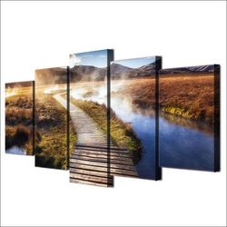 wooden walkway boardwalk 01 nature 5 pieces canvas wall art, large framed 5 panel canvas wall art