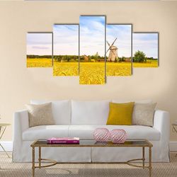 wooden windmill with field in minsk region nature 5 pieces canvas wall art, large framed 5 panel canvas wall art