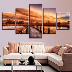 woods bridge lake sunset 1 nature 5 pieces canvas wall art, large framed 5 panel canvas wall art