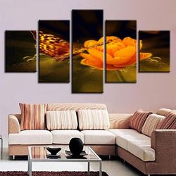yellow flowers and butterflies nature 5 pieces canvas wall art, large framed 5 panel canvas wall art